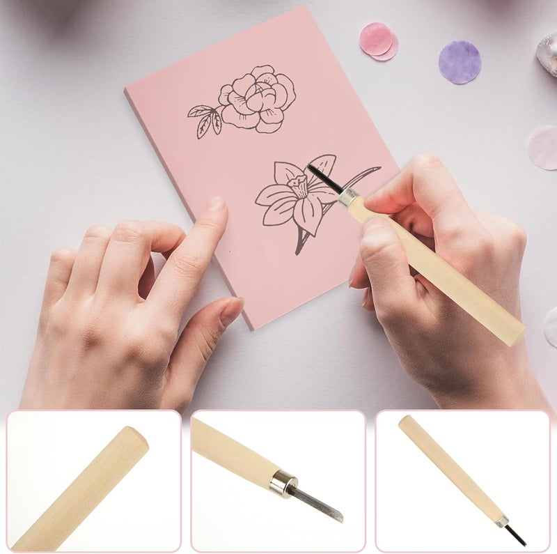 DIRBUY 10 Pack Rubber Stamp Making Kit - Block Printing Kit，Linoleum Carving Tools with 8 Type Blades, 8 Pcs Pink Rubber Carving Block and Rubber Brayer Roller - Image 2